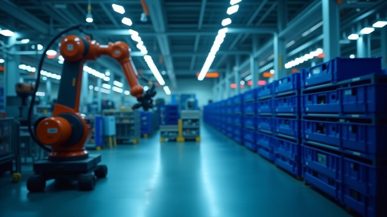 Close-up of high-speed automotive component assembly and logistics synchronization