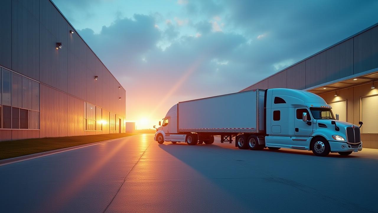 Camacho Transportation trucks at a modern cross-border warehouse facility in New Mexico