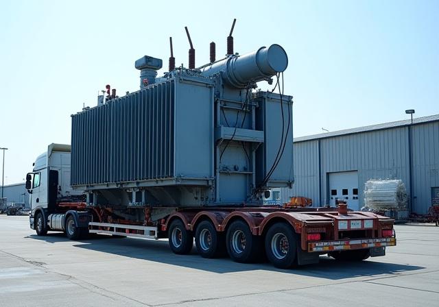 A low-boy truck transporting a large electrical transformer through a desert setting