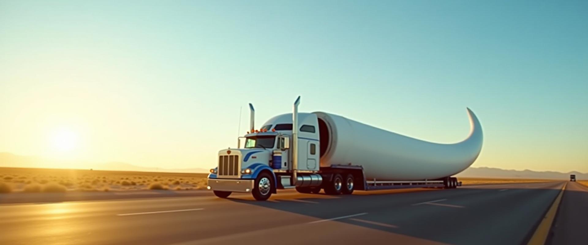 Specialized heavy transport truck carrying a massive wind turbine blade across a Southwestern landscape