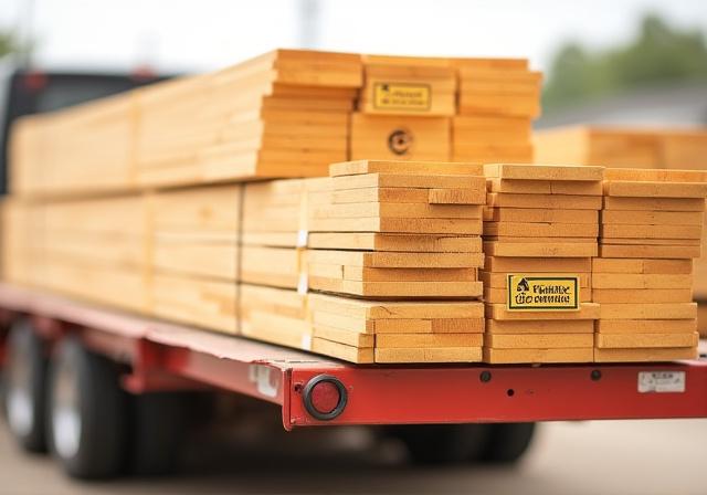 Bundles of premium lumber stacked for construction transport