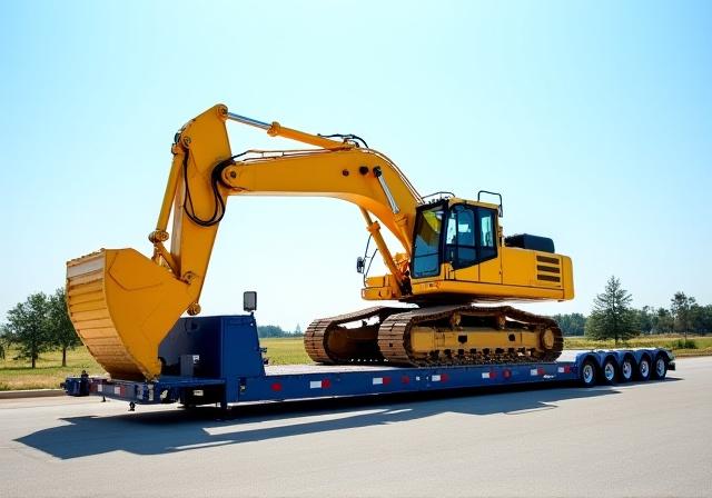 Heavy duty yellow excavator secured for transport