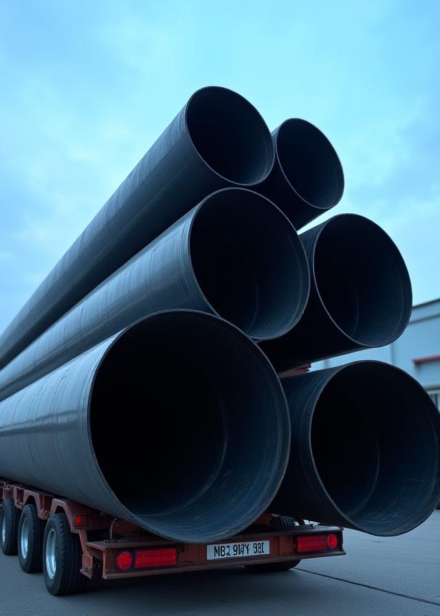 Large diameter industrial steel pipes on a flatbed trailer