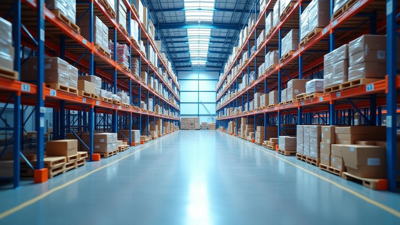 Modern, high-ceiling warehouse with organized pallet racking and industrial lighting